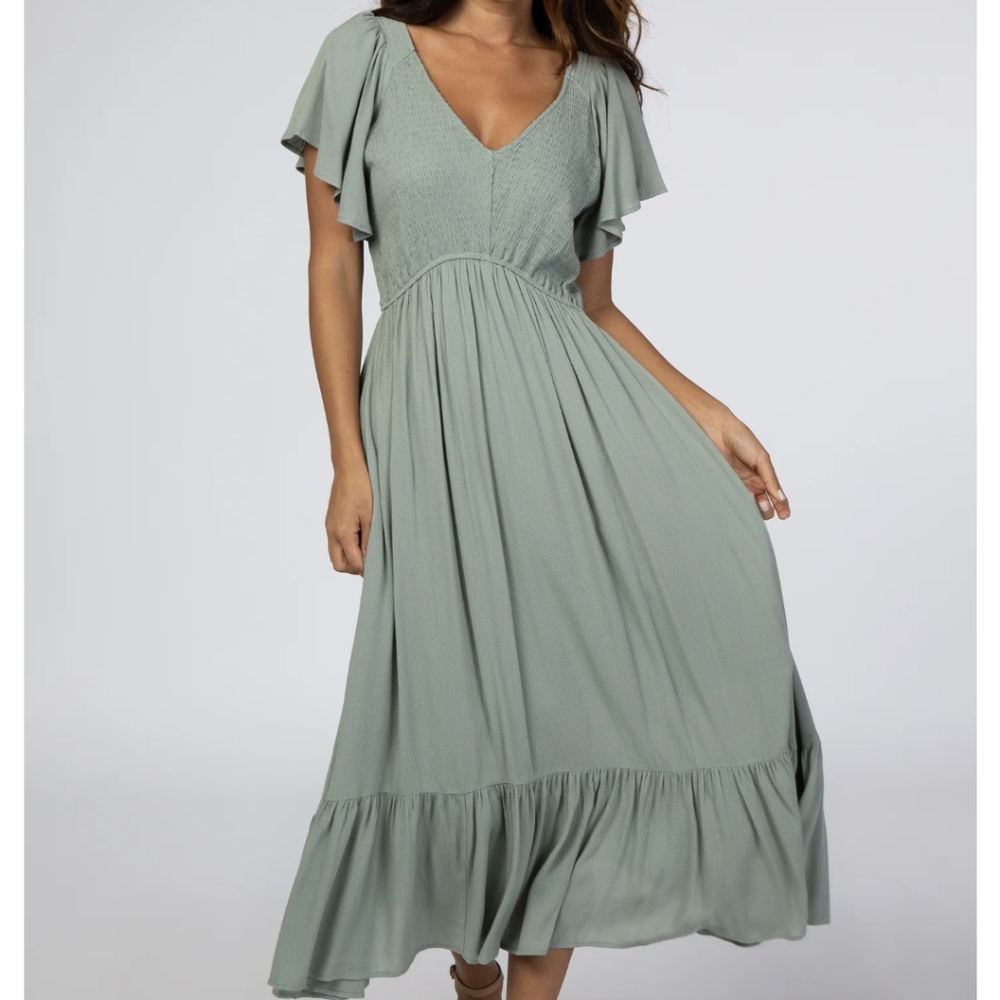 Midi smocked flutter sleeve dress, sage, M